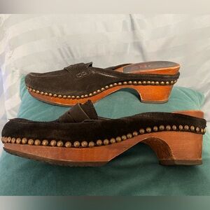 Michael Kors genuine, suede, navy wood mules clogs